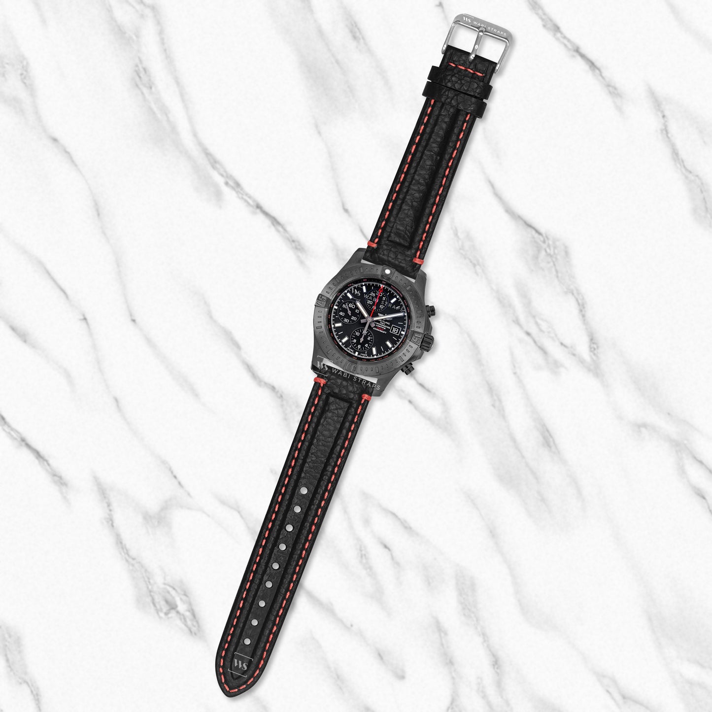 Black-Red Double Ridged Leather Strap