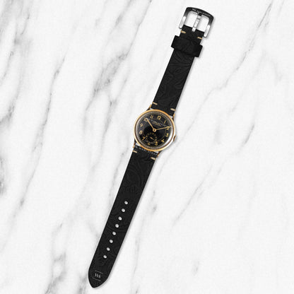 Black Floral Pattern Embossed Leather Strap