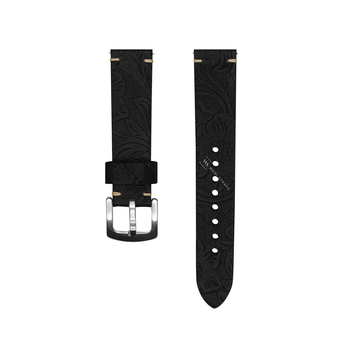 Black Floral Pattern Embossed Leather Strap