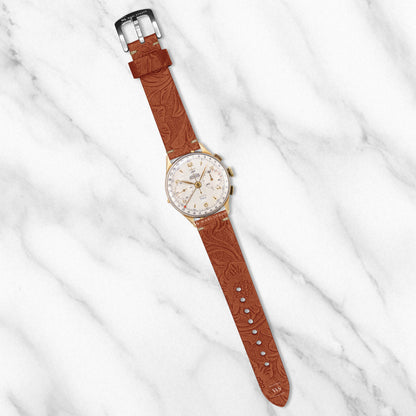 Tan Floral Pattern Embossed Leather Strap