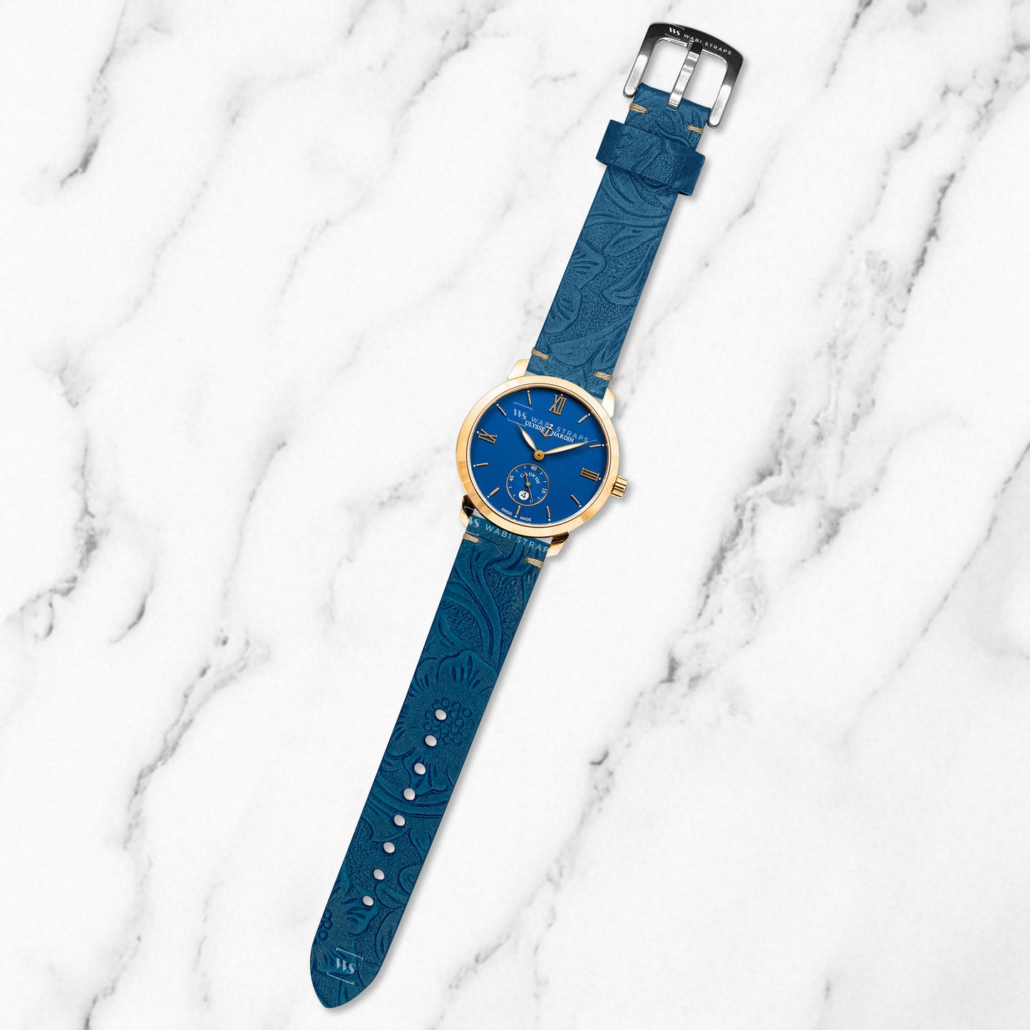 Blue Floral Pattern Embossed Leather Strap