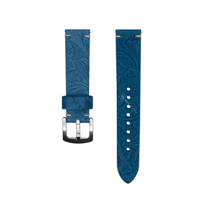 Blue Floral Pattern Embossed Leather Strap