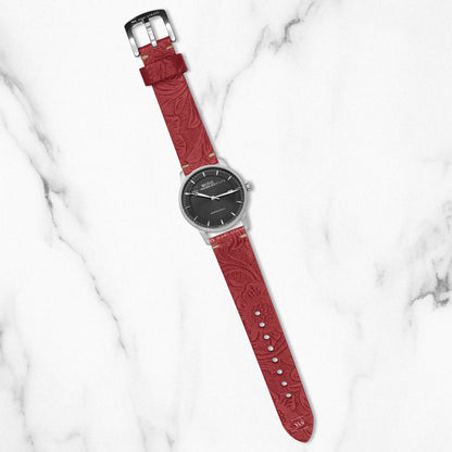 Red Floral Pattern Embossed Leather Strap