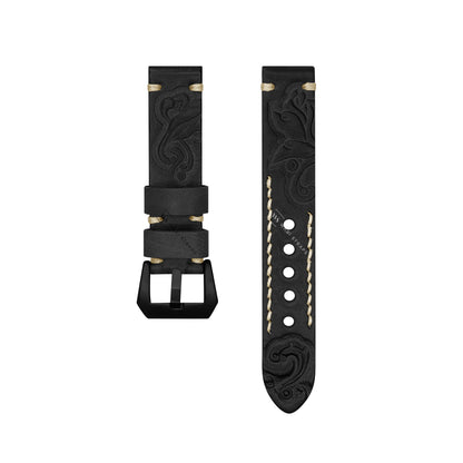 Black Maori Style Embossed Leather Strap