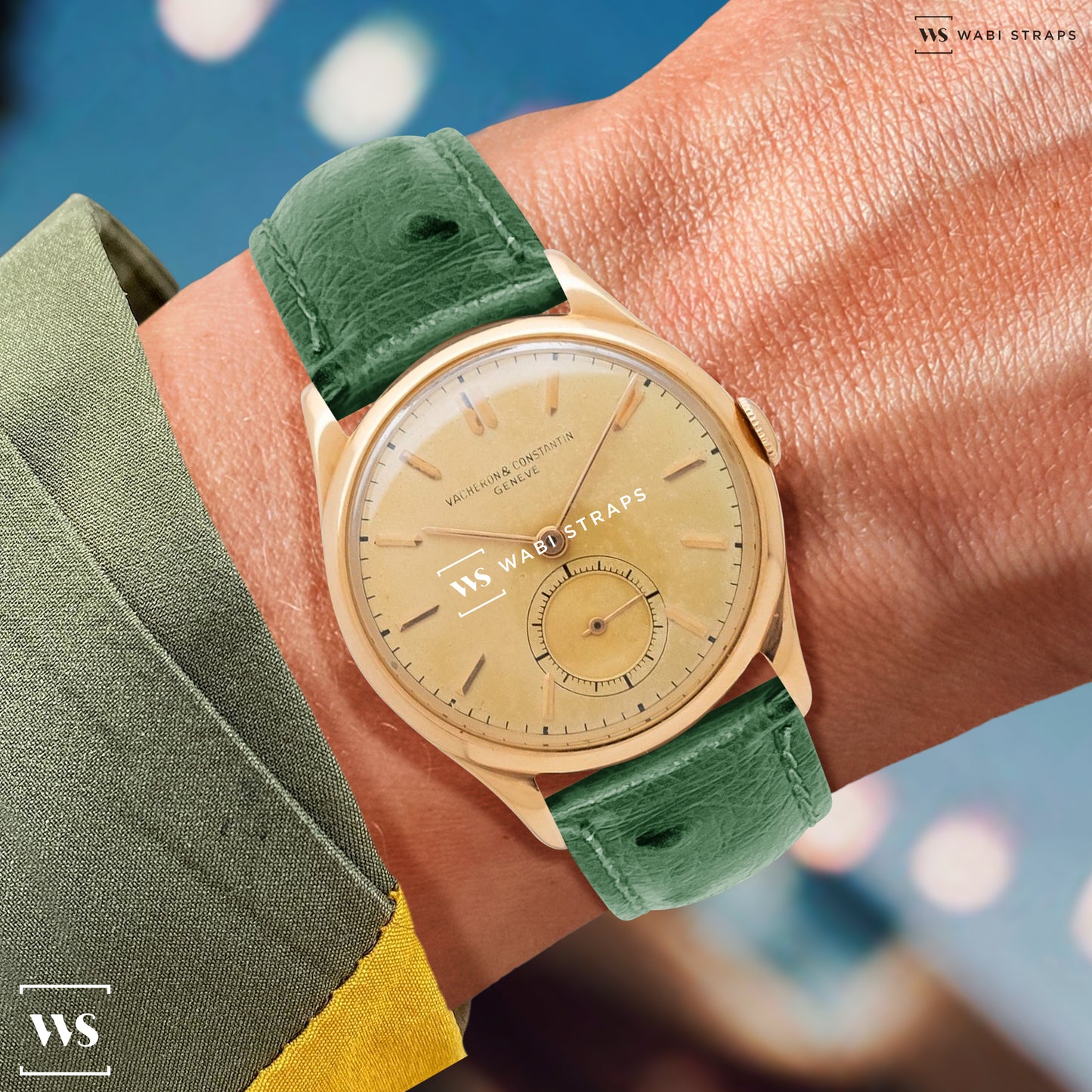 Green Ostrich Grain Padded Leather Strap