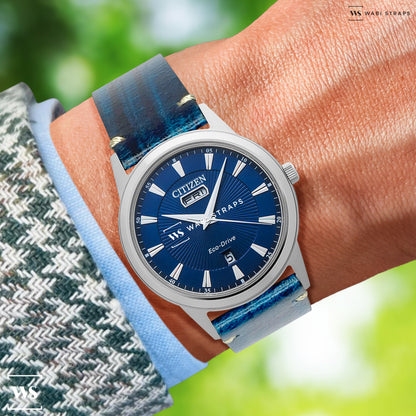 Blue Wood Grain Leather Strap