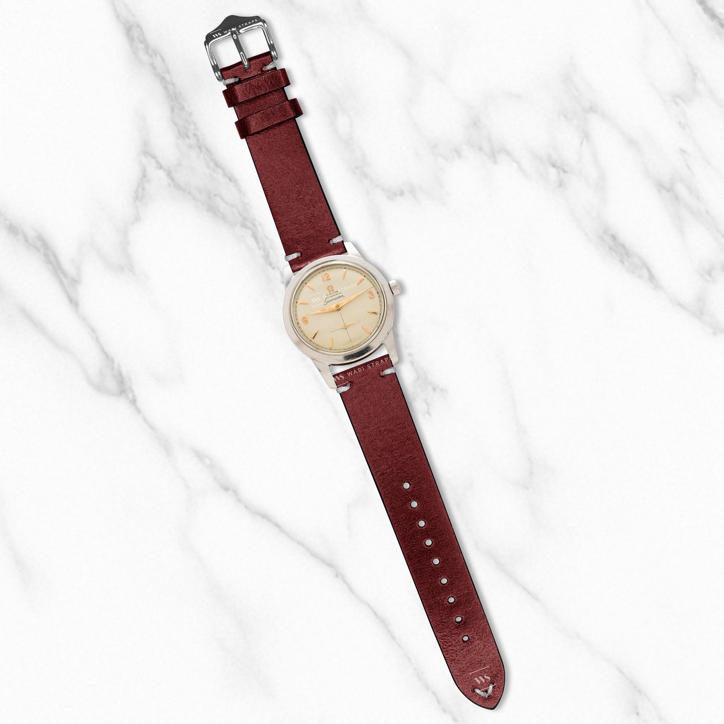 Red Two Stitch Waxed Vintage Leather Strap